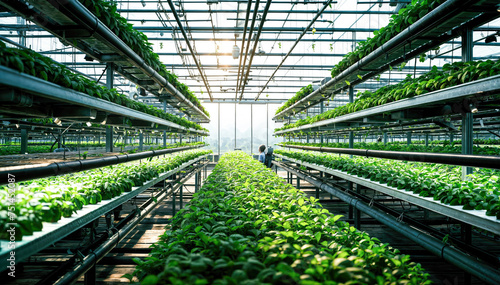 Organic hydroponic vegetable cultivation in greenhouse, stock photo image photo