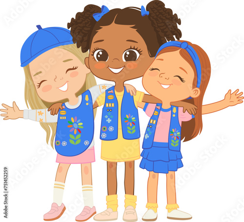 Happy multi ethnic multi aged girls scout hug. Girls Scout happily hug and smile. Girl together. Daisy Girls Scout Uniform