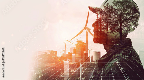 An engineer, double exposure with the innovative city, solar panels advanced, wind turbines and trees around the city, harnessing renewable energy sources and clean energy photo