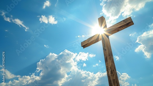 a cross in sun shining on the sky, in the style of wood, light sky-blue and light white, balanced asymmetry, bright backgrounds, high resolution, AI Generative photo