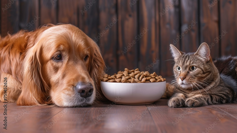 a dog and a cat stting by a bowl of food, AI Generative a dog and a cat stting by a bowl of food, AI Generative