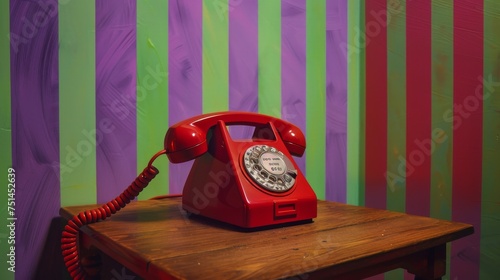 Vibrant retro styled red telephone with receiver off-hook against multicolored background photo