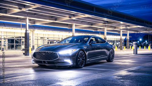 A sleek silver car is parked in a covered parking garage It is night time outside and the lights f © Graphic Dude