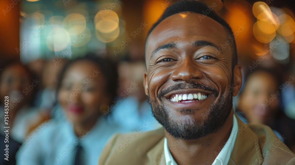 Man With Beard Smiling in Front of a Group of People Man With Beard Smiling in Front of a Group of People