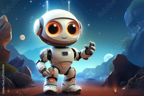 Smiling cute little robot with big eyes welcomes in space photo