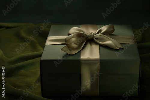 Dark Olive gift box adorned with a luxurious gold satin ribbon, placed on a dark background