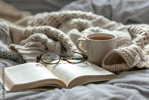 Hygge concept: Comfortable home vibes. Beige sweater, tea or coffee mug, book, and glasses on gray bed. Long banner with space for design