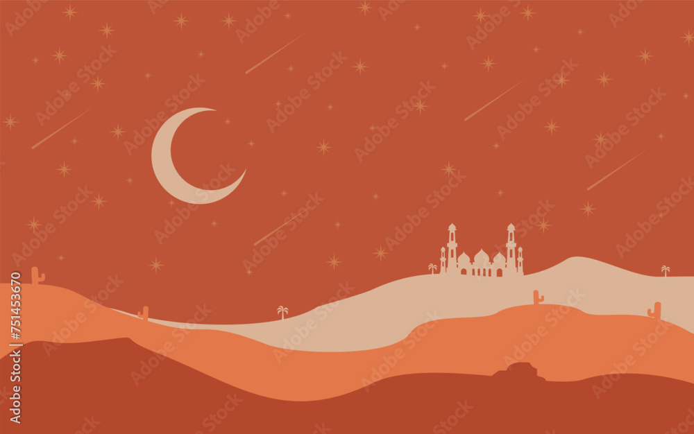 Naklejka premium desert landscape illustration in flat design style with stars and moon in the sky