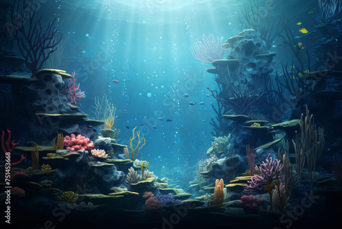 An illustration of an underwater world with various fish, seaweed, and coral, AI Generative © Alisa