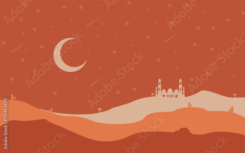desert landscape illustration in flat design style with stars and moon in the sky