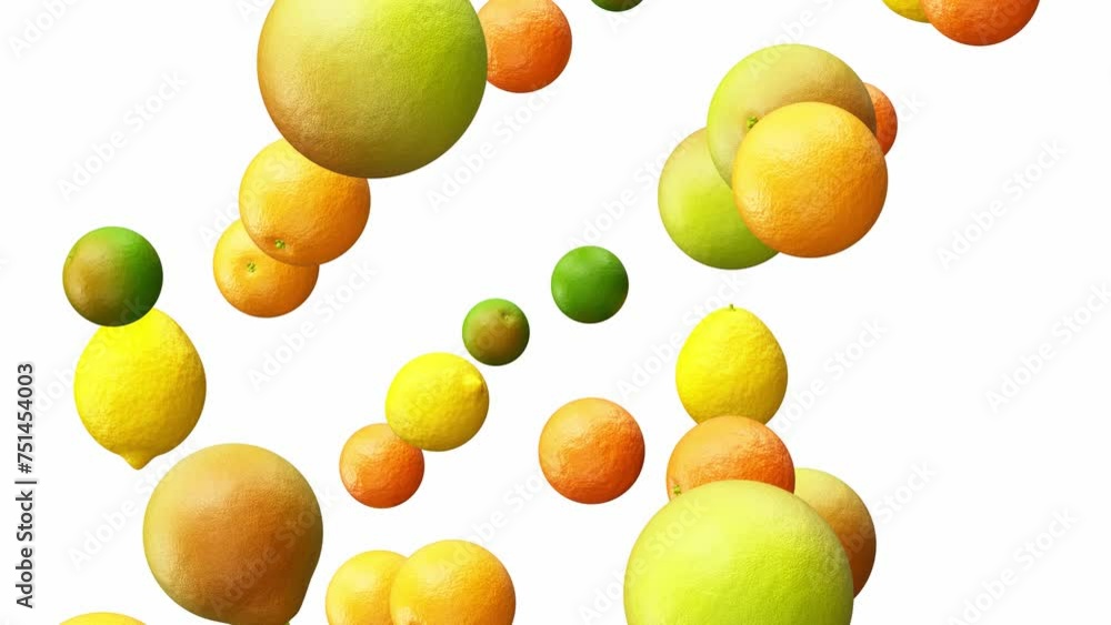 Realistic looping 3D animation of the fresh ripe lemons, calamansi, mandarins, oranges and pomelos falling from the top rendered in UHD with alpha matte Realistic looping 3D animation of the fresh ripe lemons, calamansi, mandarins, oranges and pomelos falling from the top rendered in UHD with alpha matte