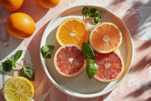 Sliced citrus fruits on a white plate with basil leaves  sunlight and shadow play on a pink surface. Refreshing summer fruits concept for design and print with copy space
