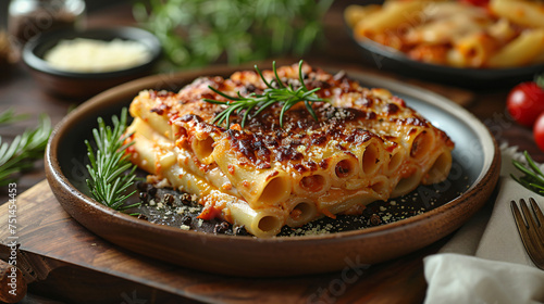 A plate of cheesy baked ziti with marinara sauce