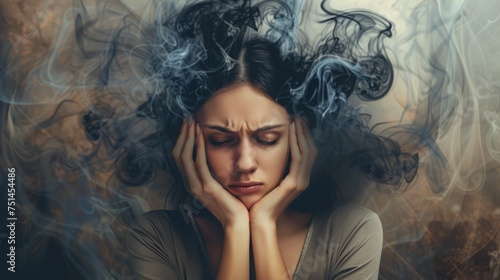 Portrait of a young woman with anxiety surrounded with negative thoughts photo