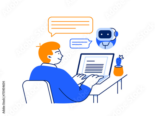 A man interacts with an online chatbot. AI assistant helps with productivity work and study. Vector flat illustration isolated on a white background.
