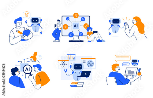 People interact with artificial intelligence apps. AI technology helps with productivity work and study in the modern world. Vector flat illustrations isolated on a white background.