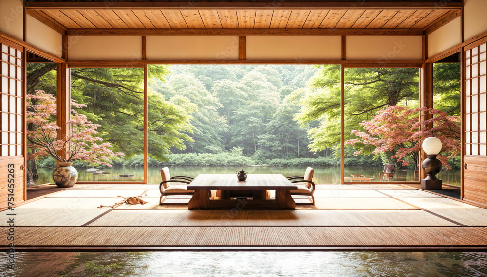 Japanese style room with wooden floor and view of Japanese garden Japanese style room with wooden floor and view of Japanese garden