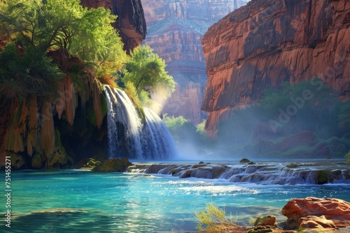 A beautiful waterfall is flowing into a river in the middle of a canyon