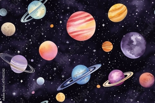 Seamless pattern of watercolor outer cosmos space with different planet