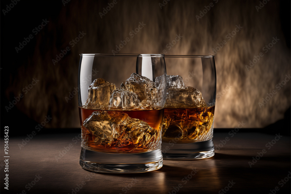 Glass of whiskey with ice on the bar. AI generated. Glass of whiskey with ice on the bar. AI generated.