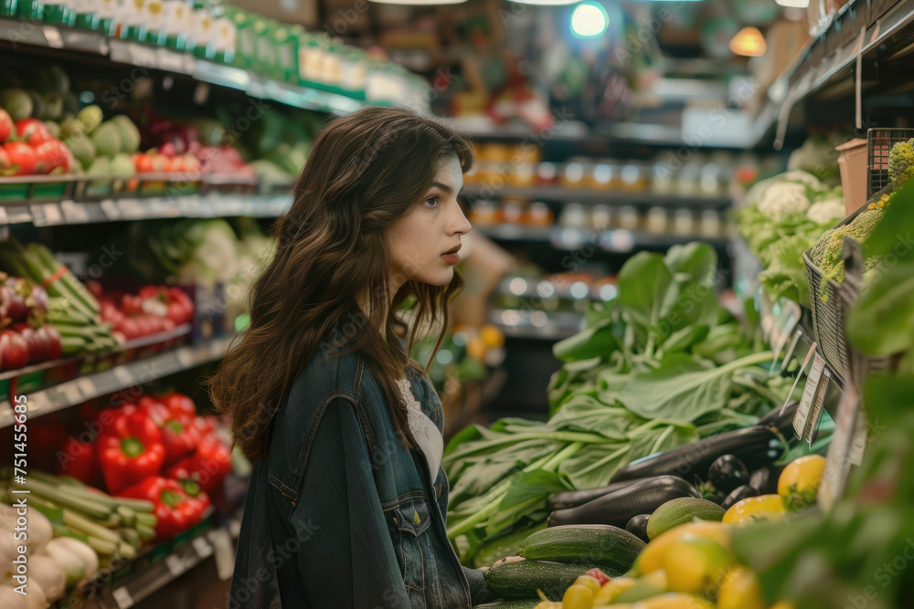 Young adult woman choosing green healthy vegetables in a organic supermarket