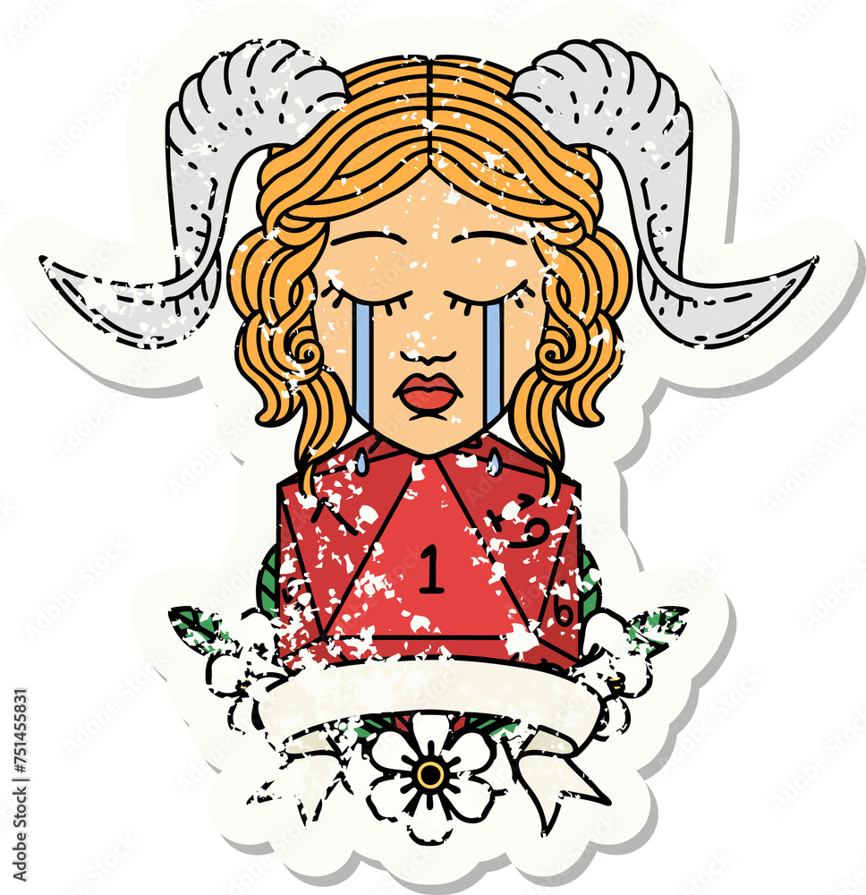 crying tiefling with natural one D20 dice roll illustration crying tiefling with natural one D20 dice roll illustration