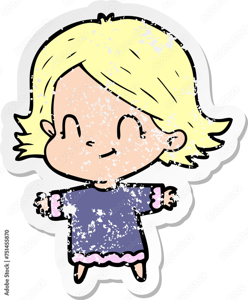 distressed sticker of a cartoon friendly girl distressed sticker of a cartoon friendly girl