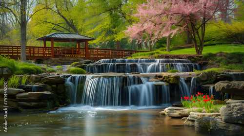 Spring Blossoms Adorning Waterfall  Serene Scene with Wildflowers or Cherry Blossoms in Full Bloom