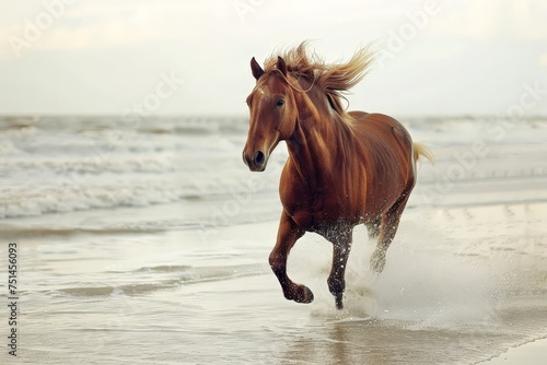 A brown horse is running on the beach