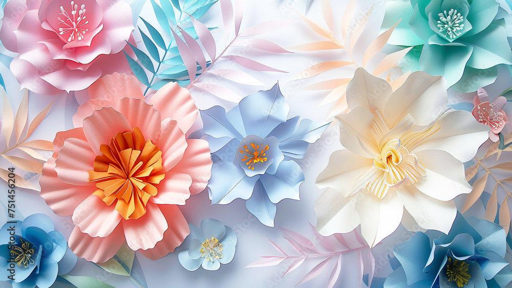 large and small voluminous paper flowers in pastel colors on white background