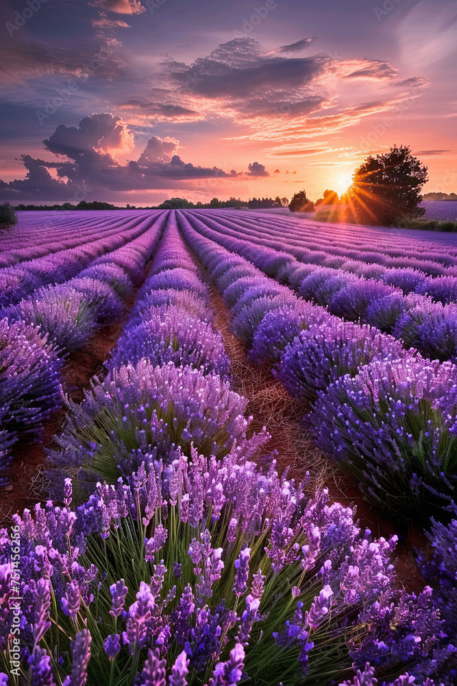 Obraz premium Beautiful lavender farm during sunset