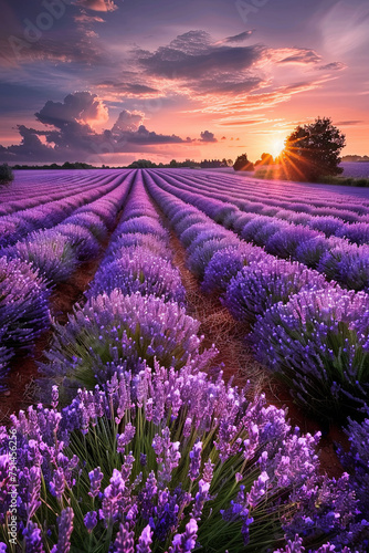 Beautiful lavender farm during sunset