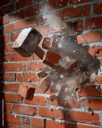 A close in view of a red brick wall is hit by a large sledgehammer throwing broken bricks and dust and debris towards the camera, in the style of hasselblad h6d-400c, commercial imagery, samyang 14mm photo