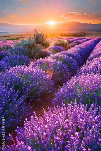 Beautiful lavender farm during sunset