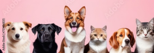 Banner with cats and dogs with free space in pastel colors