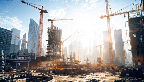 Double exposure of construction site with crane and building under construction at sunset photo