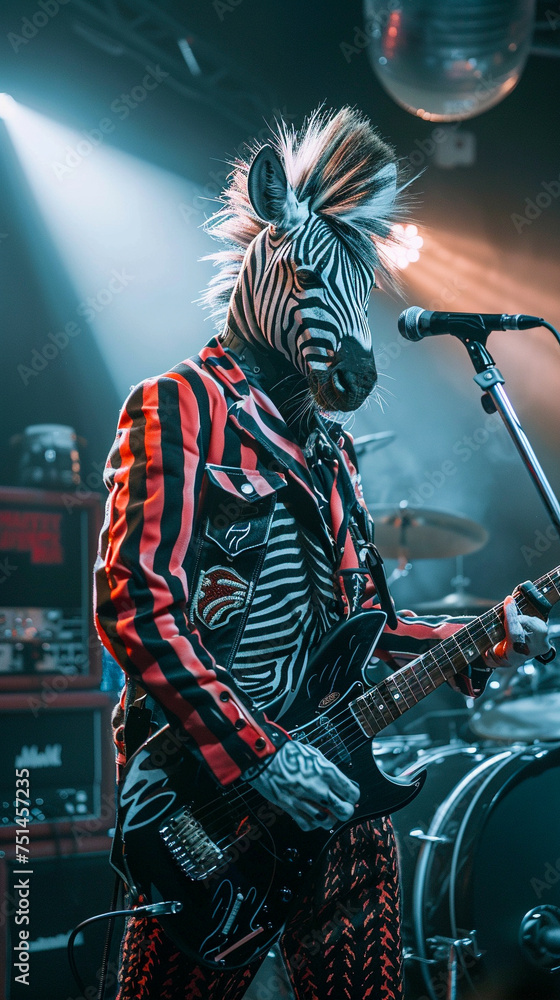 Zebra in a punk rock outfit performing in a band at a live music venue a celebration of individuality and rebellion