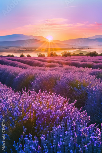 Beautiful lavender farm during sunset