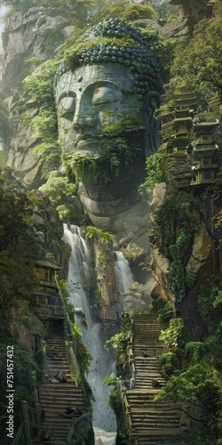 Draw a picture of a magnificent waterfall 3,000 feet high, with a large green Buddha statue on the left side, covered with moss and imposing --ar 1:2 © Marvin