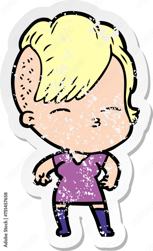Obraz premium distressed sticker of a cartoon squinting girl