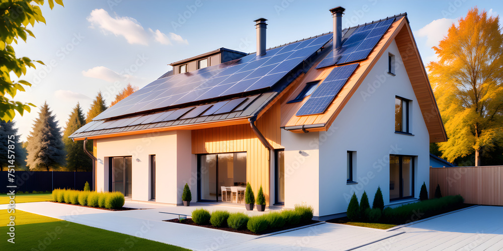 New modern eco friendly passive house with a photovoltaic system on the ...