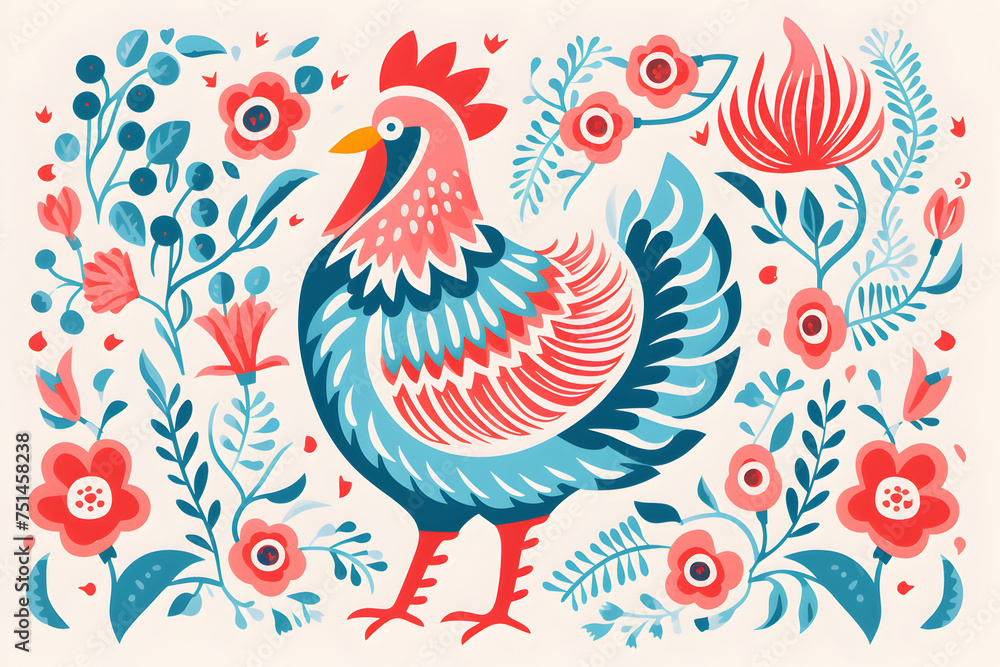 Vibrant Rooster Painting Surrounded by Colorful Flowers. Generative AI. Vibrant Rooster Painting Surrounded by Colorful Flowers. Generative AI.