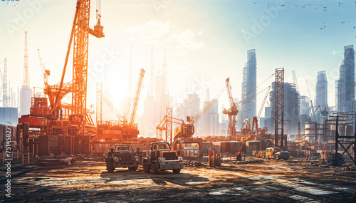 Construction site with cranes and building under construction. 3d rendering