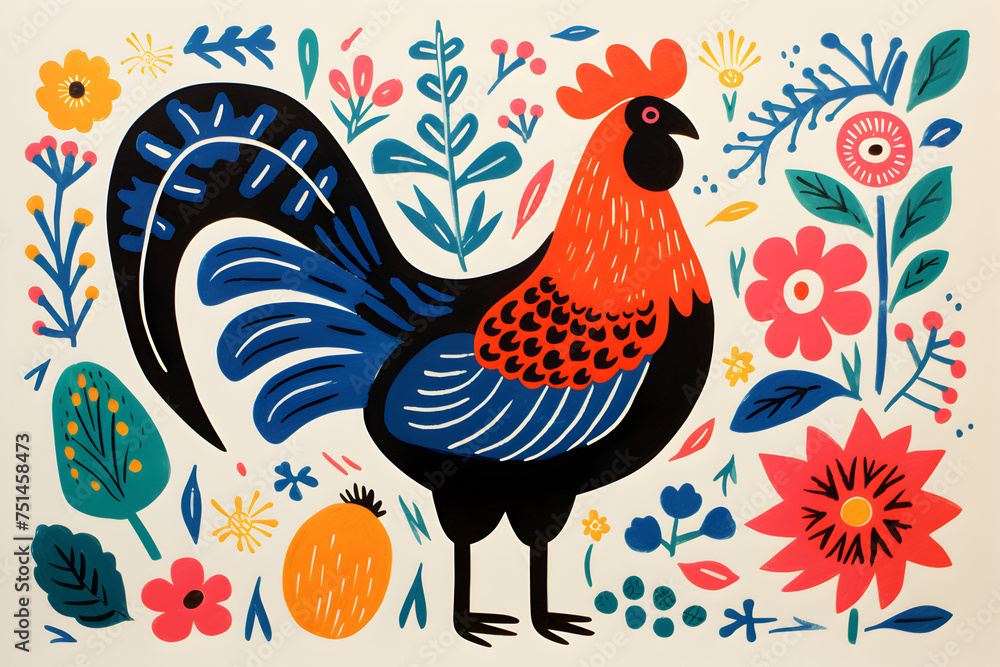Traditional Painting of a Rooster Surrounded by Vibrant Flowers. Generative AI. Traditional Painting of a Rooster Surrounded by Vibrant Flowers. Generative AI.