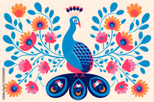 Blue and Pink Peacock Surrounded by Flowers. Generative AI. © Darya Pol