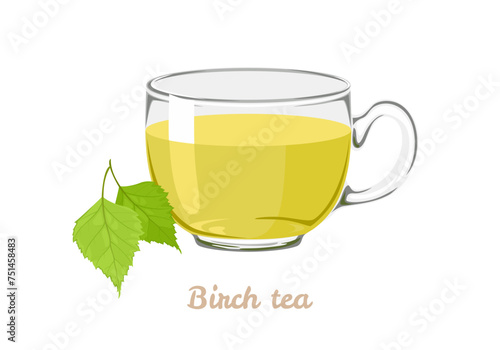 Birch leaf tea in transparent glass cup. Vector cartoon illustration of herbal tea.