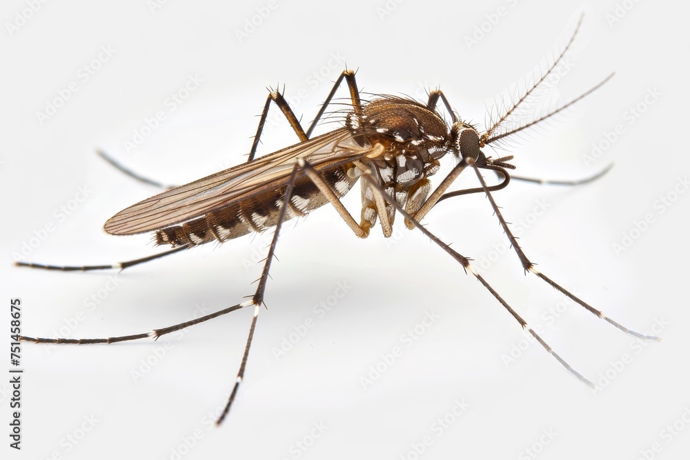 Mosquito Isolated on White Background. Close-up of a single mosquito against a white backdrop, featuring intricate details and anatomy. Mosquito Isolated on White Background. Close-up of a single mosquito against a white backdrop, featuring intricate details and anatomy.