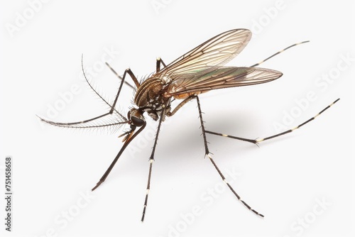 Mosquito Isolated on White Background. Close-up of a single mosquito against a white backdrop, featuring intricate details and anatomy.