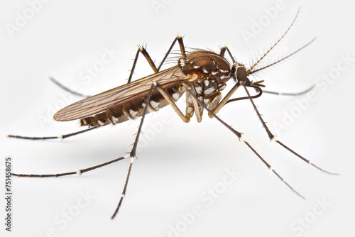 Mosquito Isolated on White Background. Close-up of a single mosquito against a white backdrop, featuring intricate details and anatomy. © Darya Pol