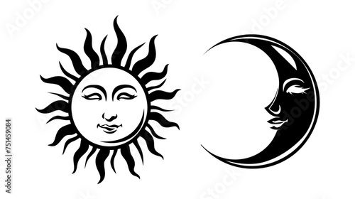 sun and moon crescent with face, mystical symbols of astrology, zodiac, esotericism. Vector line art illustration isolated on white background.